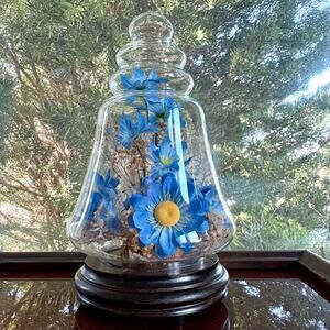 Vintage Glass Bell Jar Dome with Blue Floral Arrangement on Wood Base